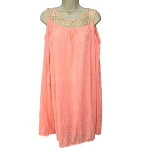 Vintage Movie Star Nightgown Coral Pink Lace Detail Sleeveless Sz M Nylon Sheer